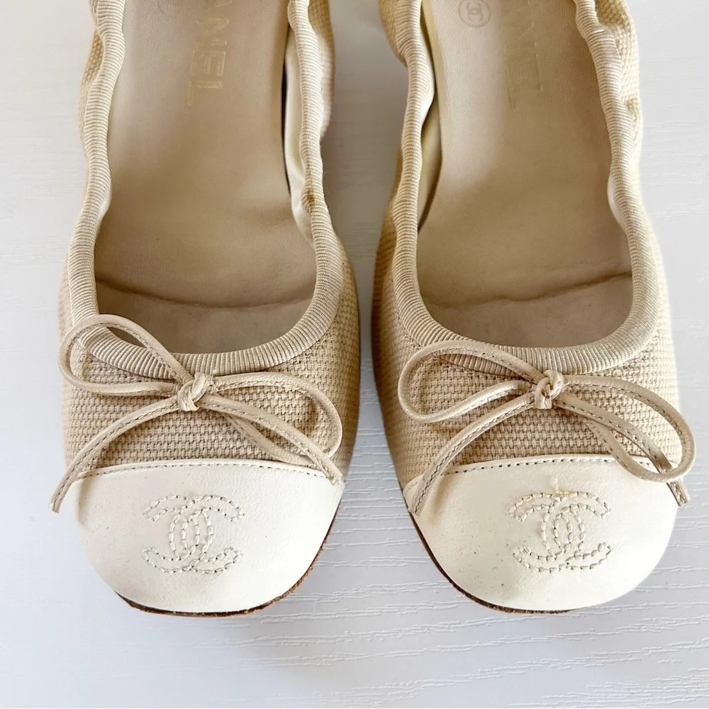 Chanel Low Block Heel Pumps Beige Fabric CC Cap Toe Bow EU 36.5C US 6.5